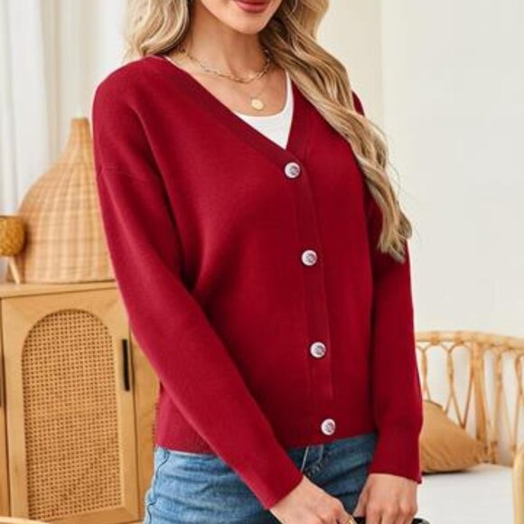 Women's red V Neck Long Sleeve Open Front Chunky Cardigan Fall Knitted - Picture 2 of 6